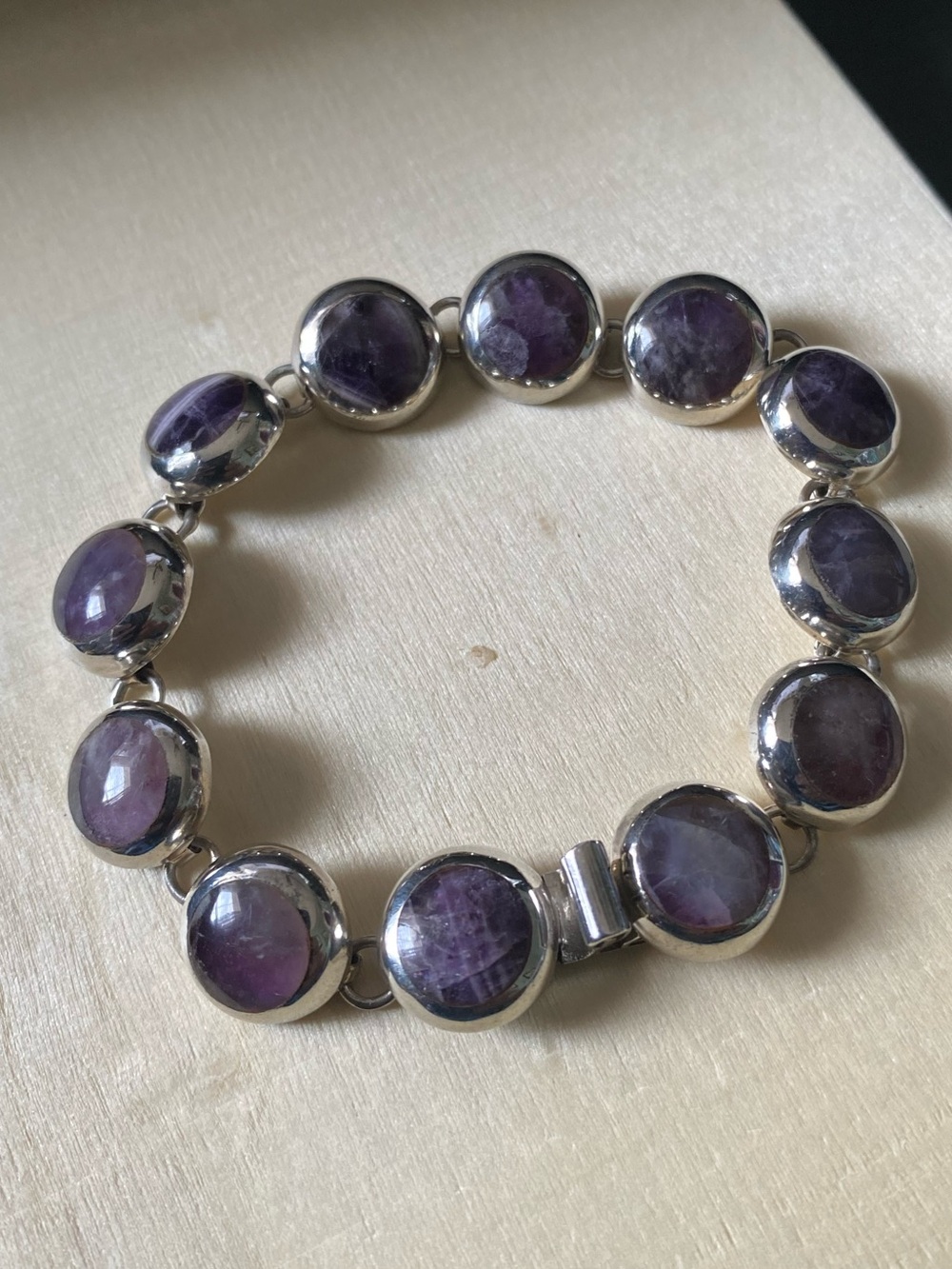 Taxco Mexico Sterling Silver 925 Purple Gemstone Cabochons Link Bracelet